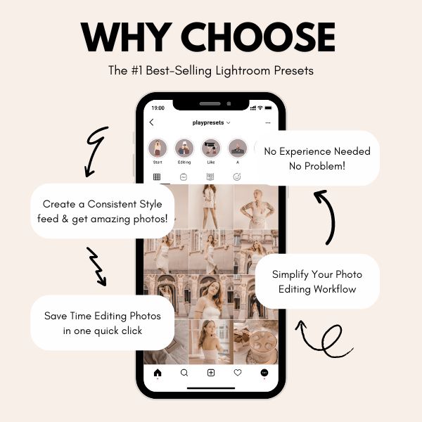 Influencer Presets Bundle  – Instagram feed preview with photo bubble highlighting why PlayPresets is beginner-friendly