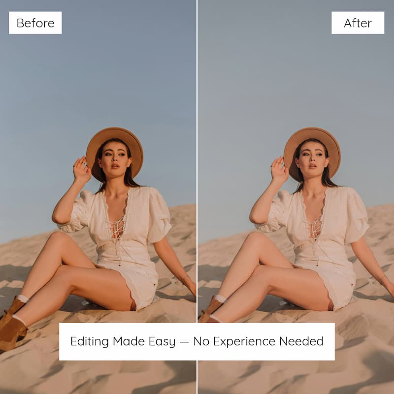 Before and after comparison of a woman sitting on sand edited with Expired Film Preset Collection.