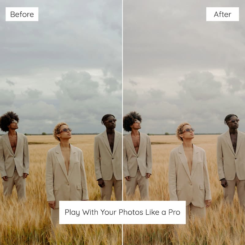 Before and after comparison of a photo editing effect on a group of people in a field edited with Expired Film Preset Collection.