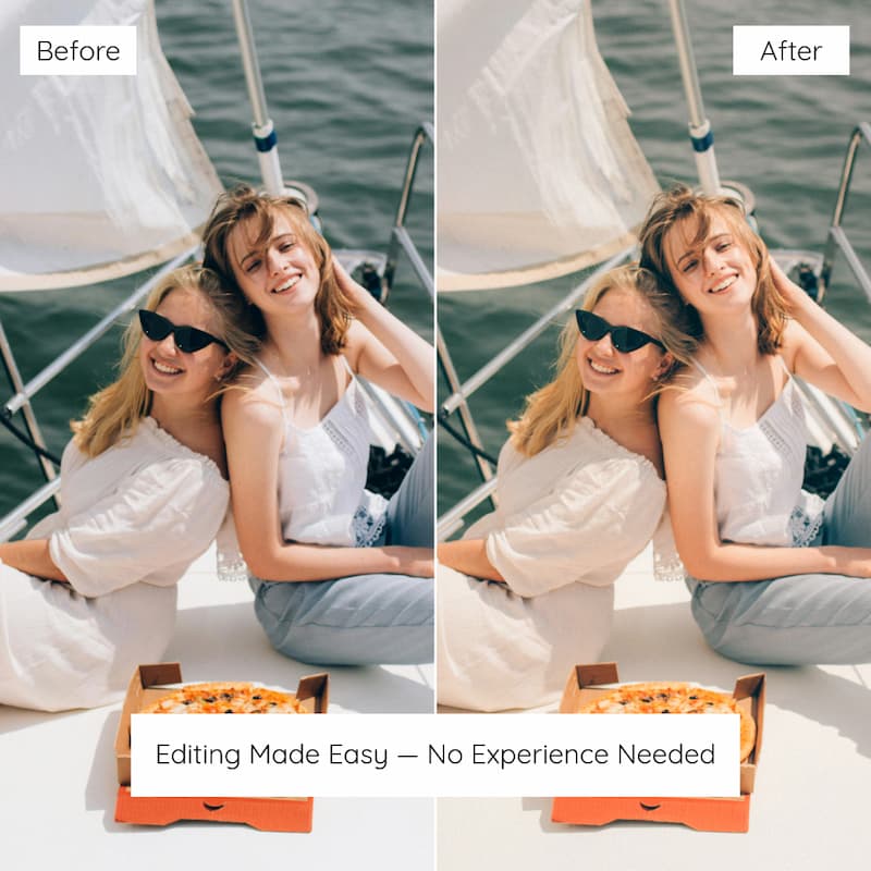 Before and after comparison of two women on a boat edited with Fujifilm Pro Look Preset Collection.