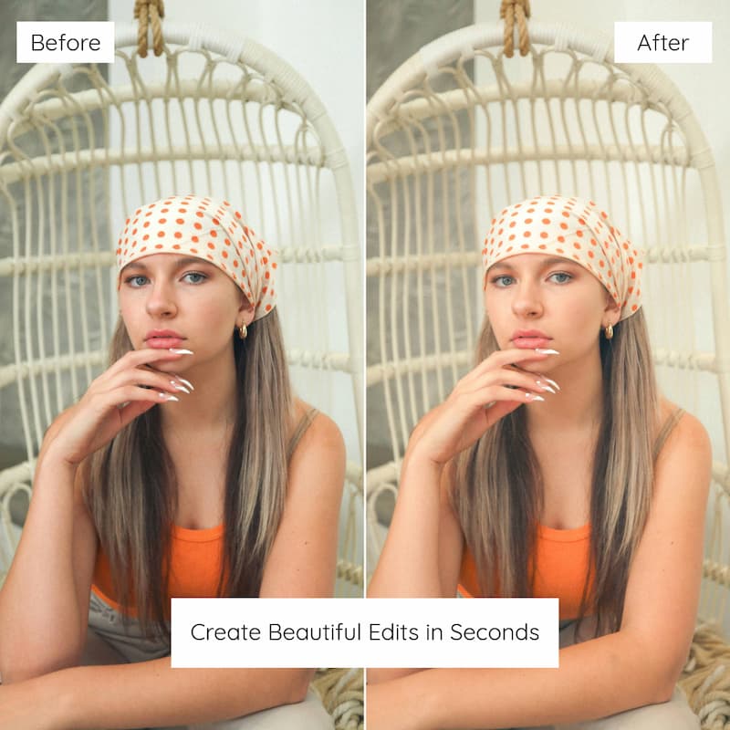 Before and after comparison of a woman wearing a headscarf edited with Fujifilm Pro Look Preset Collection.