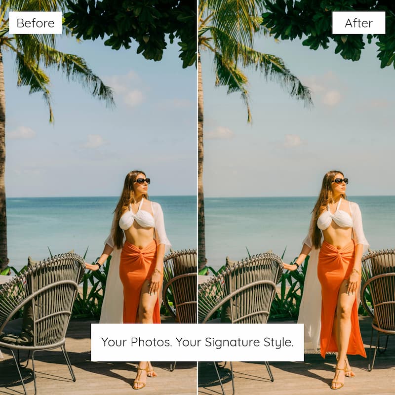 Before and after comparison of a woman in an orange outfit by a tropical beach edited with Fujifilm Pro Look Preset Collection.