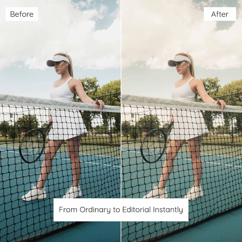 Before and after comparison of a woman on a tennis court edited with Fujifilm Pro Look Preset Collection.