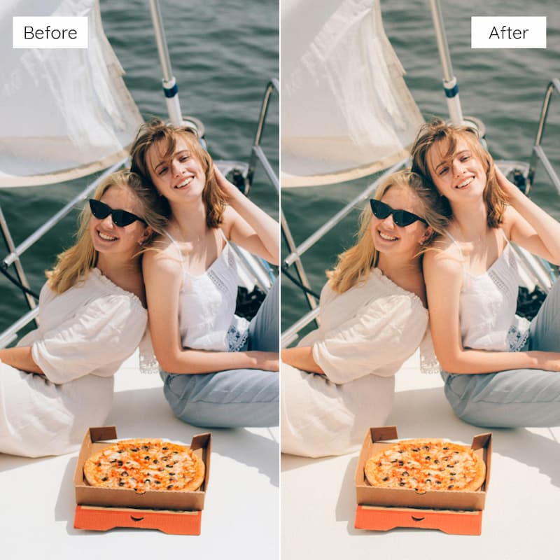 Before and after comparison of two women on a boat with a pizza box edited with Fujifilm Pro Look Video LUTs.
