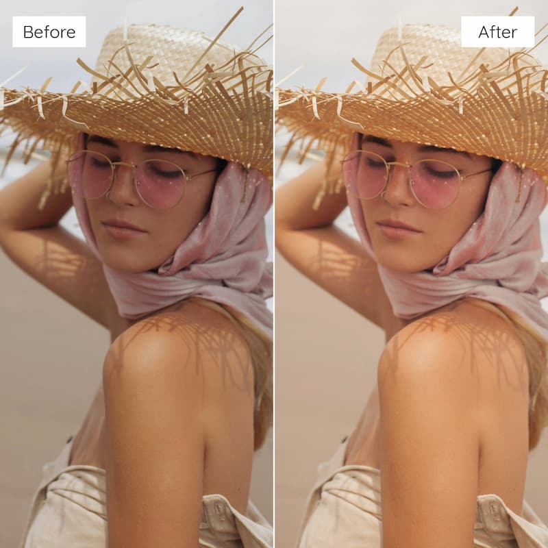 Before and after comparison of a woman wearing a straw hat and pink scarf against a beige background edited with Fujifilm Pro Look Video LUTs.