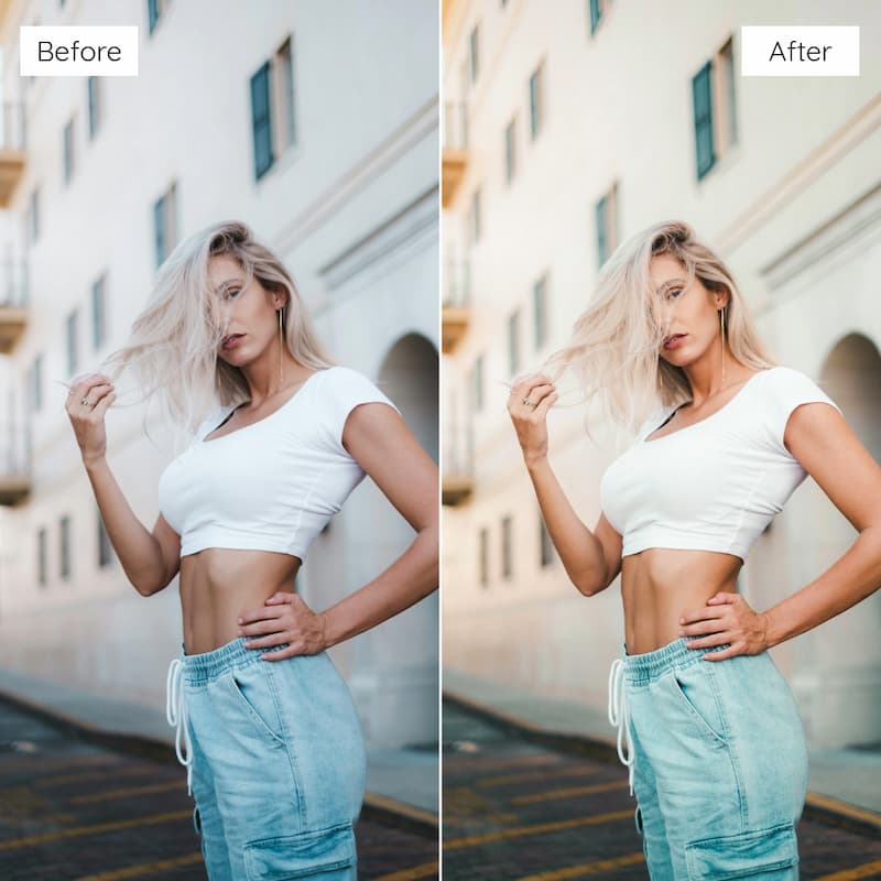 Before and after comparison of a woman posing outdoors edited with Fuji Superia Look Video LUTs.