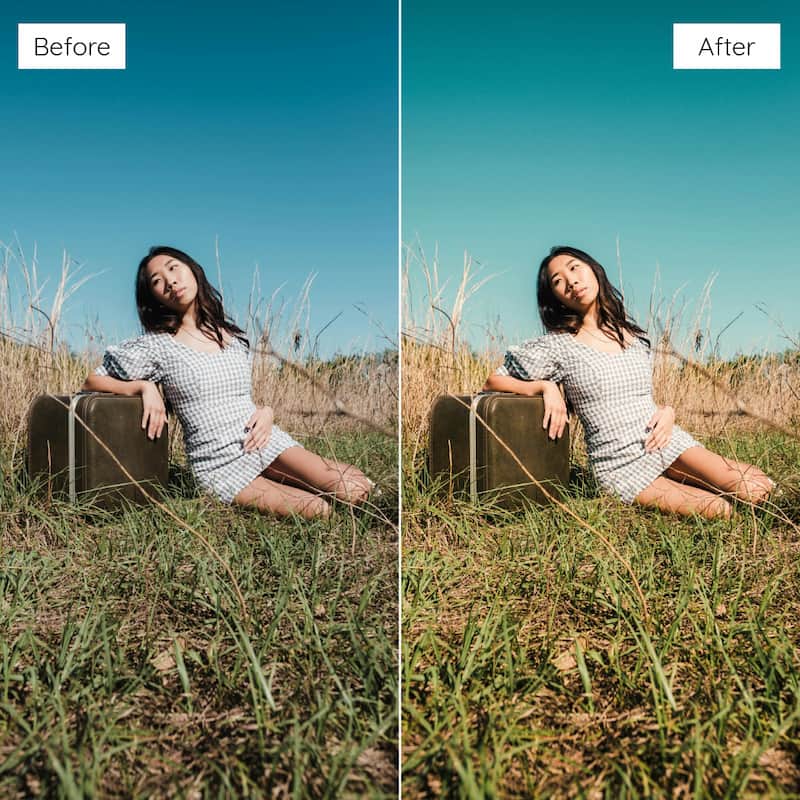 Before and after comparison of a woman sitting in a field with a suitcase edited with Fuji Superia Look Video LUTs.