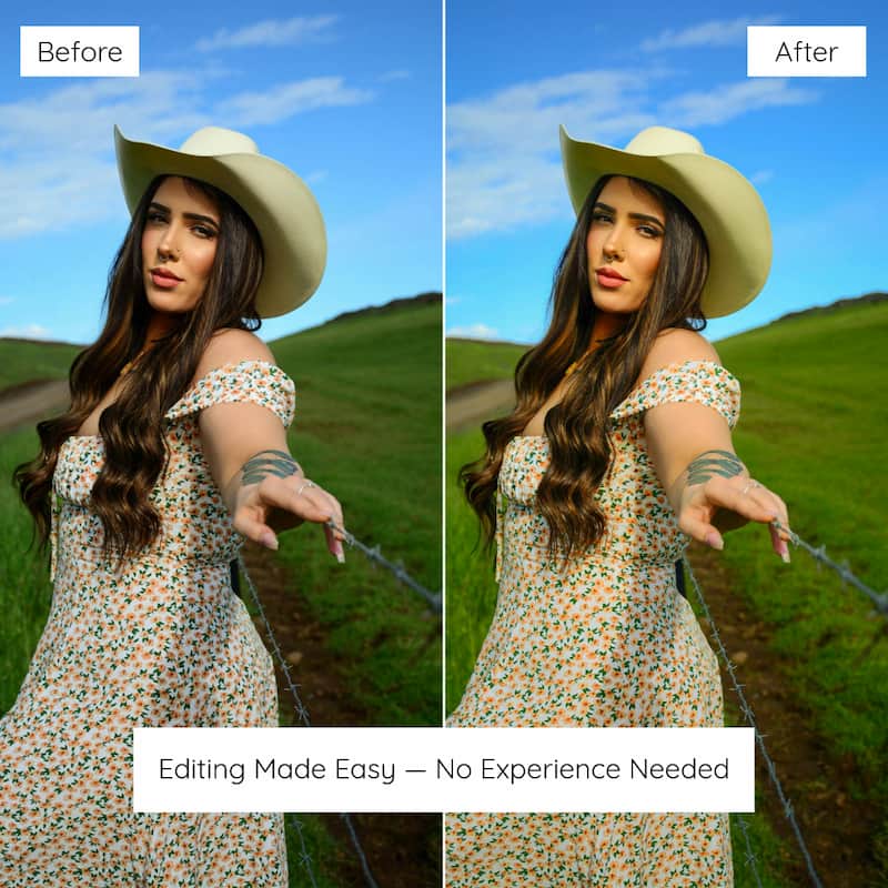 Before and after comparison of a woman in a floral dress and wide-brimmed hat against a blue sky and green field edited with Fuji Velvia Film Preset Collection.
