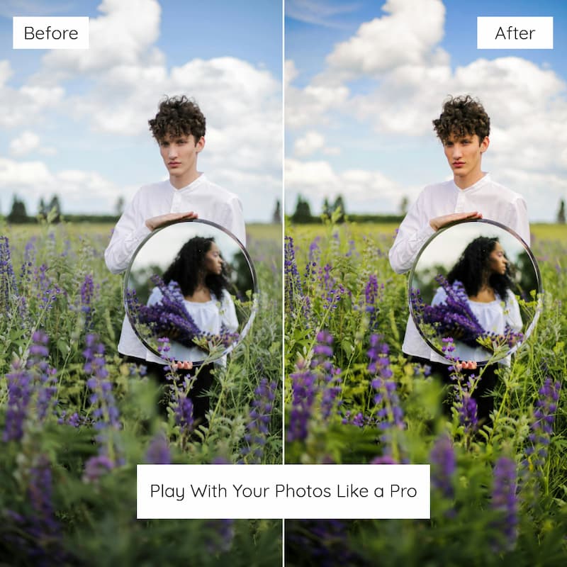 Before and after comparison of a photo editing effect on a person holding a mirror in a field edited with Fuji Velvia Film Preset Collection.