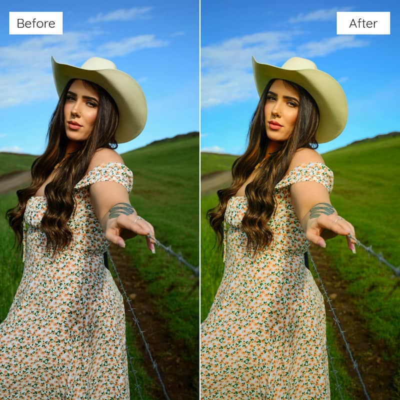 Before and after comparison of a woman in a floral dress and wide-brimmed hat in a field edited with Fuji Velvia Look Video LUTs