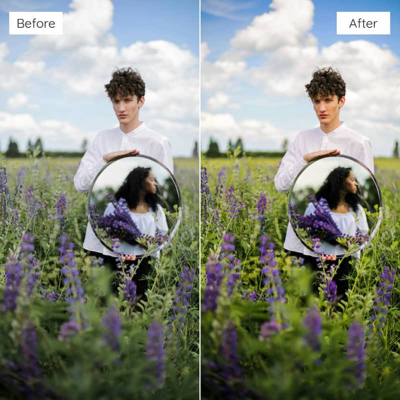 Before and after comparison of a person holding a mirror in a field with purple flowers edited with Fuji Velvia Look Video LUTs