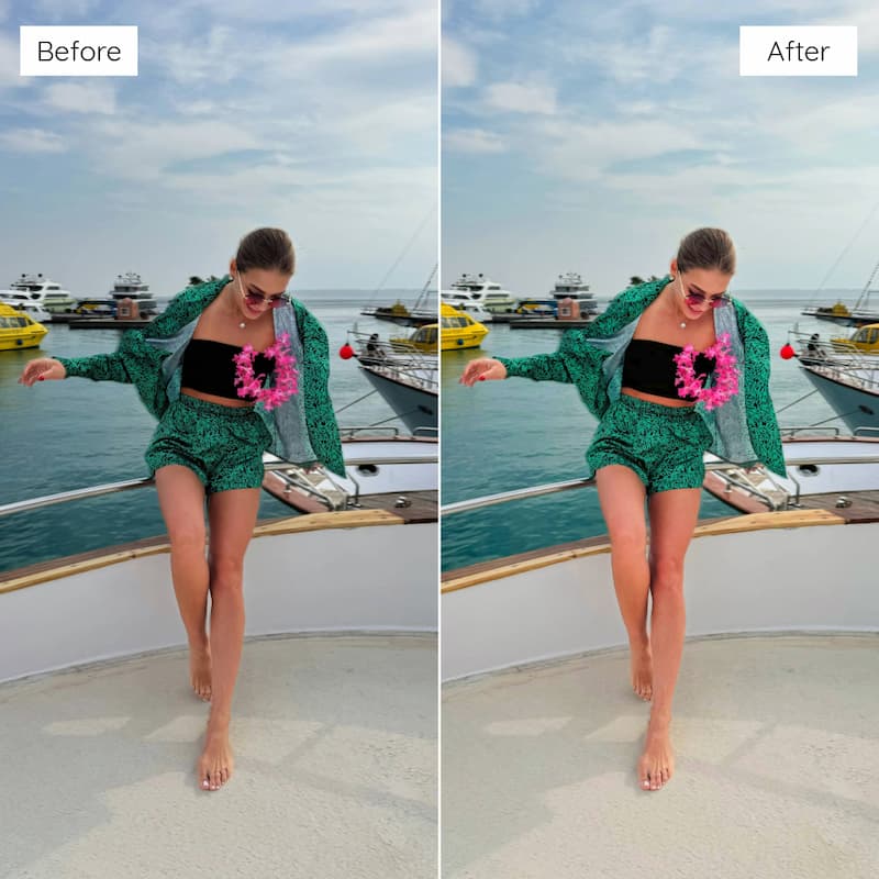 Before and after comparison of a person on a boat edited with Fujicolor Look Video LUTs.