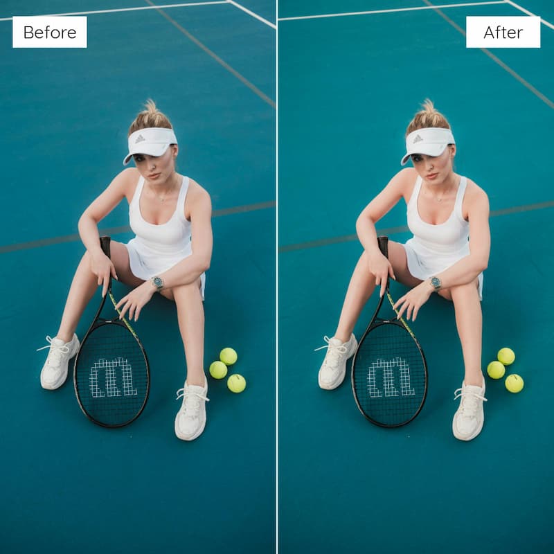 Side-by-side comparison of a tennis player on a court edited with Fujicolor Look Video LUTs.