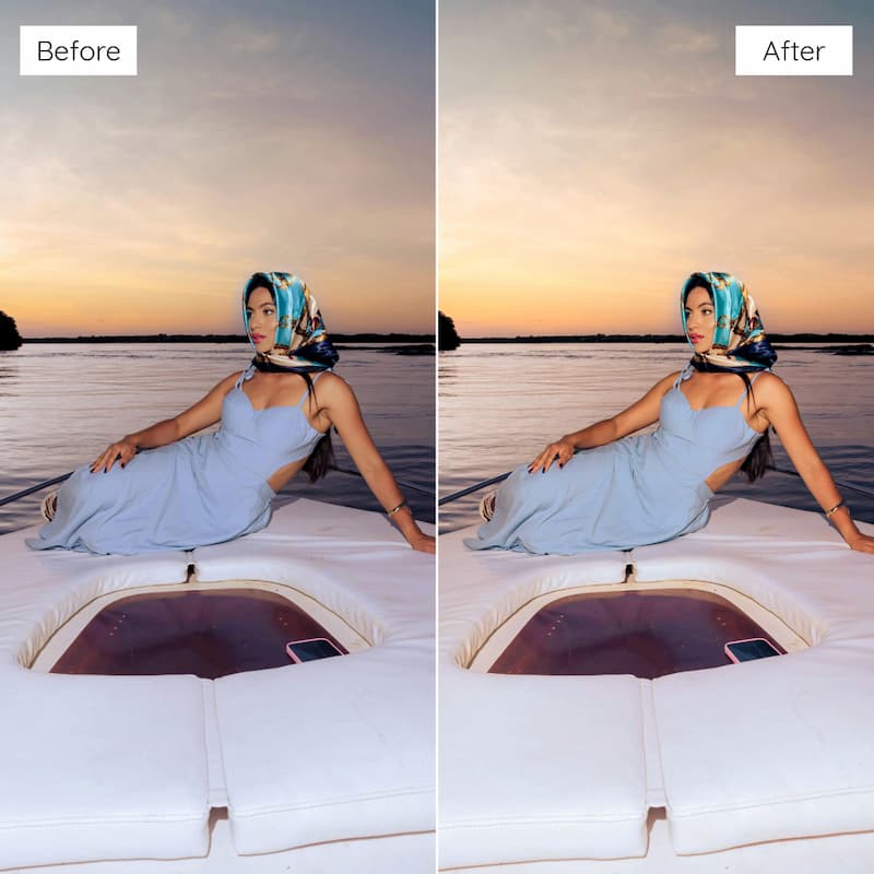 Before and after comparison of a woman on a boat at sunset edited with Kodak ColorPlus Look Video LUTs.