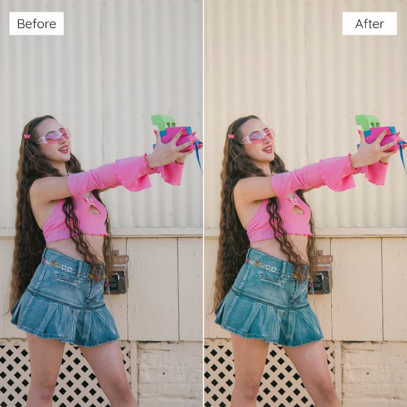 Before and after comparison of a person in pink top and denim skirt against a textured wall edited with Kodak ColorPlus Look Video LUTs.