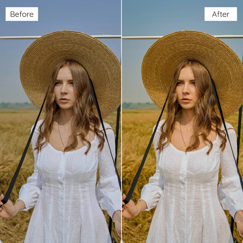 Before and after comparison of a woman with a straw hat in a field edited with Kodak Ektar Look Video LUTs.