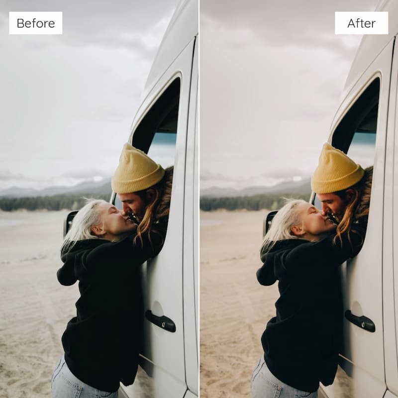 Before and after comparison of two people embracing near a van on a beach edited with Kodak Ultramax Look Video LUTs.