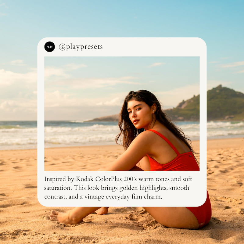 Woman in a red swimsuit sitting on a beach edited with Kodak ColorPlus Look Video LUTs.