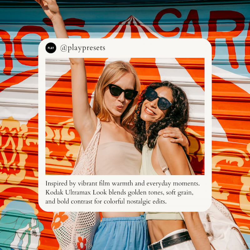 Two women posing in front of a colorful mural edited with Kodak Ultramax Look Video LUTs.