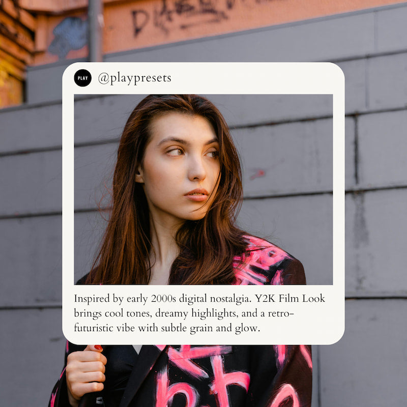 Person with long brown hair against a gray wall with graffiti edited with Y2K Film Look Video LUTs.