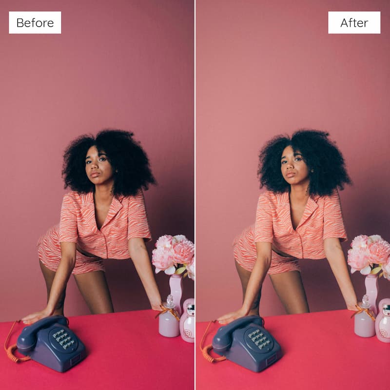 Before and after comparison of a woman posing with a vintage phone and flowers on a red tablecloth Edited with Polaroid Video LUTs.