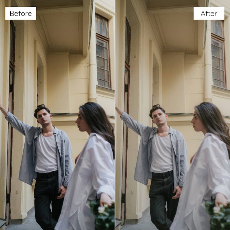 Before and after comparison of a couple in an urban setting with a building in the background edited with Vintage Film Look Video LUTs.