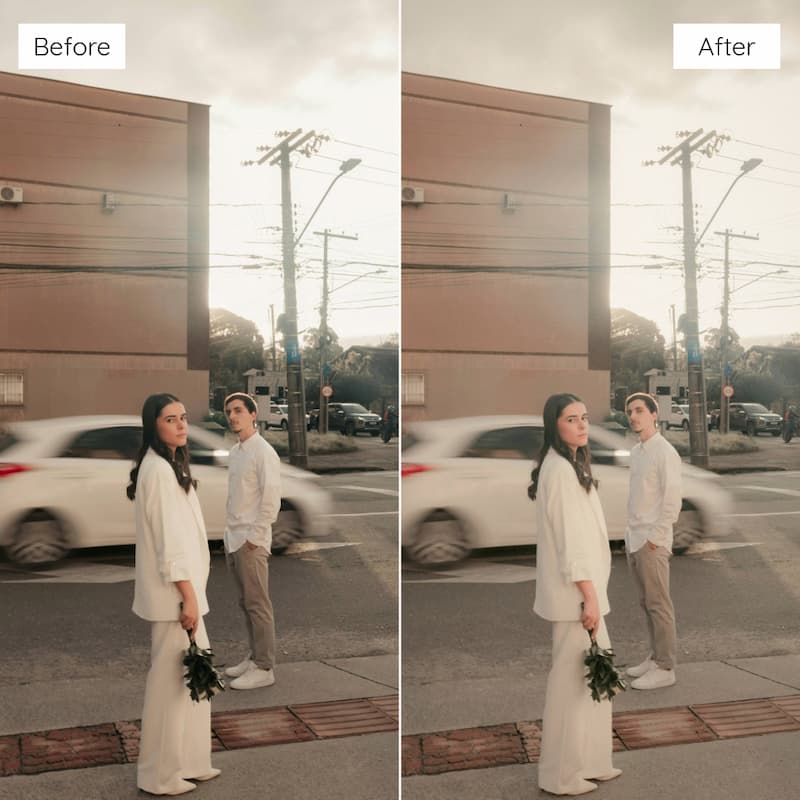 Before and after comparison of a couple on a street corner edited with Vintage Film Look Video LUTs.