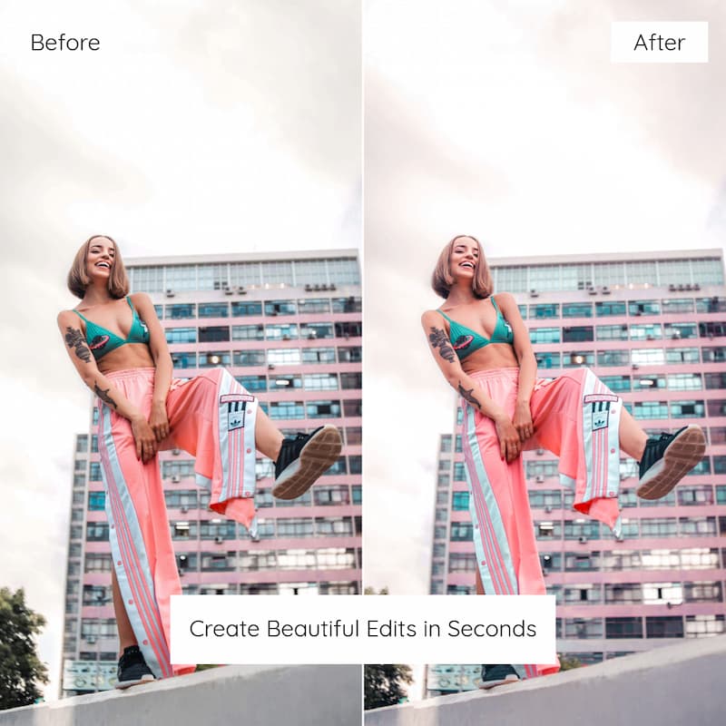 Before and after comparison of a woman posing outdoors edited with Y2K Film Look Preset Collection.