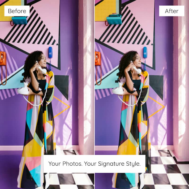 Before and after comparison of a woman in a colorful dress against a geometrically patterned wall edited with Y2K Film Look Preset Collection.
