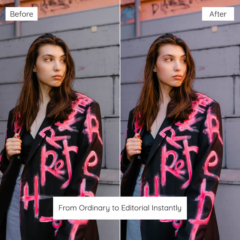 Before and after comparison of a woman wearing a jacket with pink edited with Y2K Film Look Preset Collection.