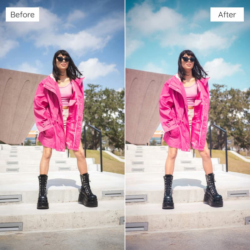 Before and after comparison of a person wearing a pink coat outdoors edited with Y2K Film Look Video LUTs.