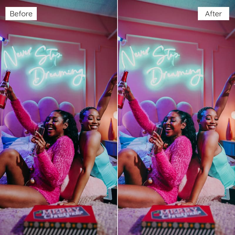 Before and after comparison of two women in a room with a neon sign edited with Y2K Film Look Video LUTs.