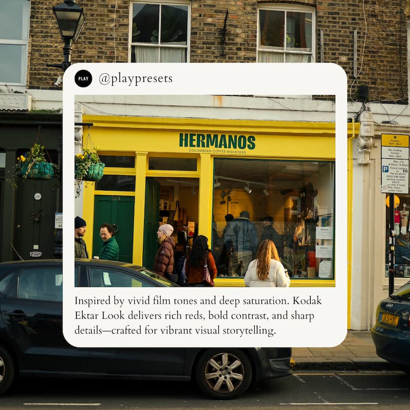 Yellow storefront edited with Kodak Ektar Look Video LUTs.