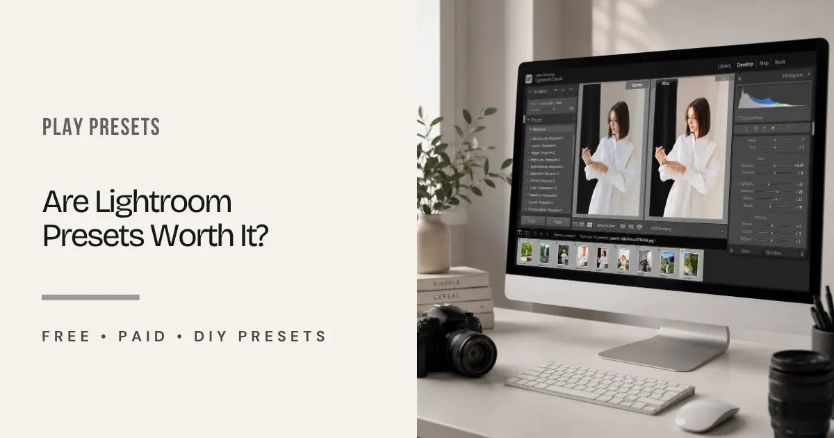 Lightroom Classic workspace showing a portrait being edited with Lightroom presets on a desktop computer.