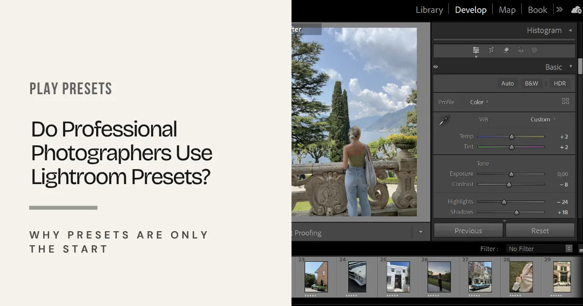 Photo editing in Lightroom Classic showing how professional photographers use Lightroom presets and manual adjustments.