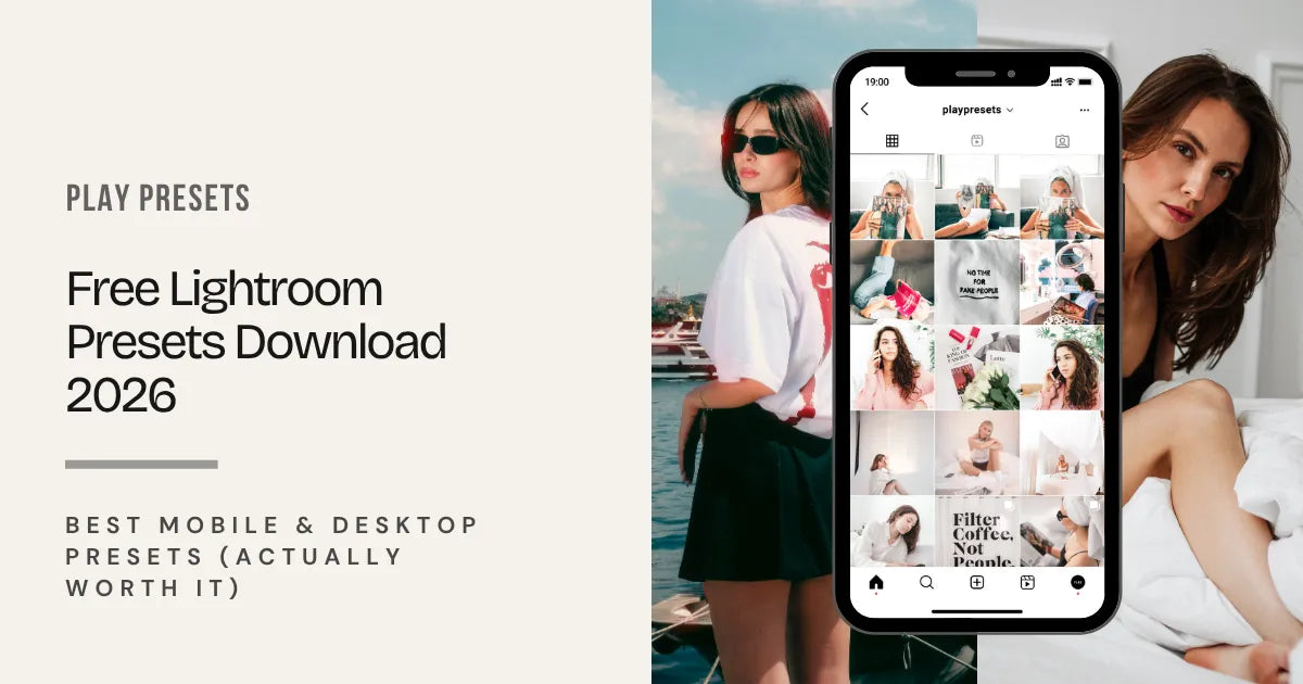 Free Lightroom Presets Download 2026 banner showing mobile and desktop preset previews for creators