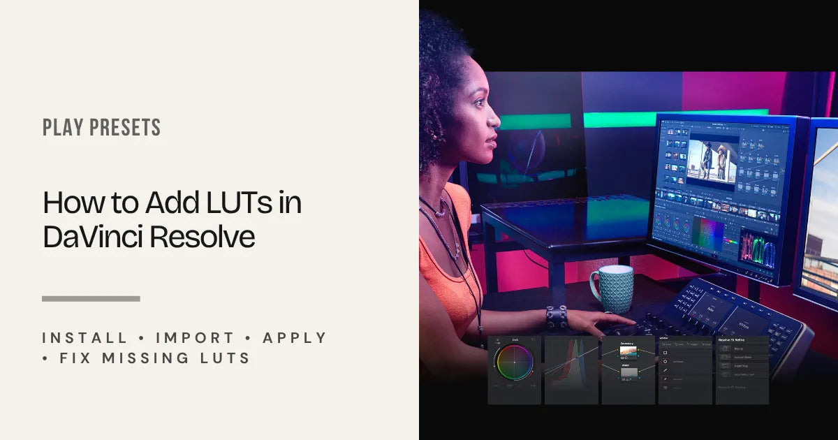 Blog banner showing how to add LUTs in DaVinci Resolve with a professional color grading workspace.