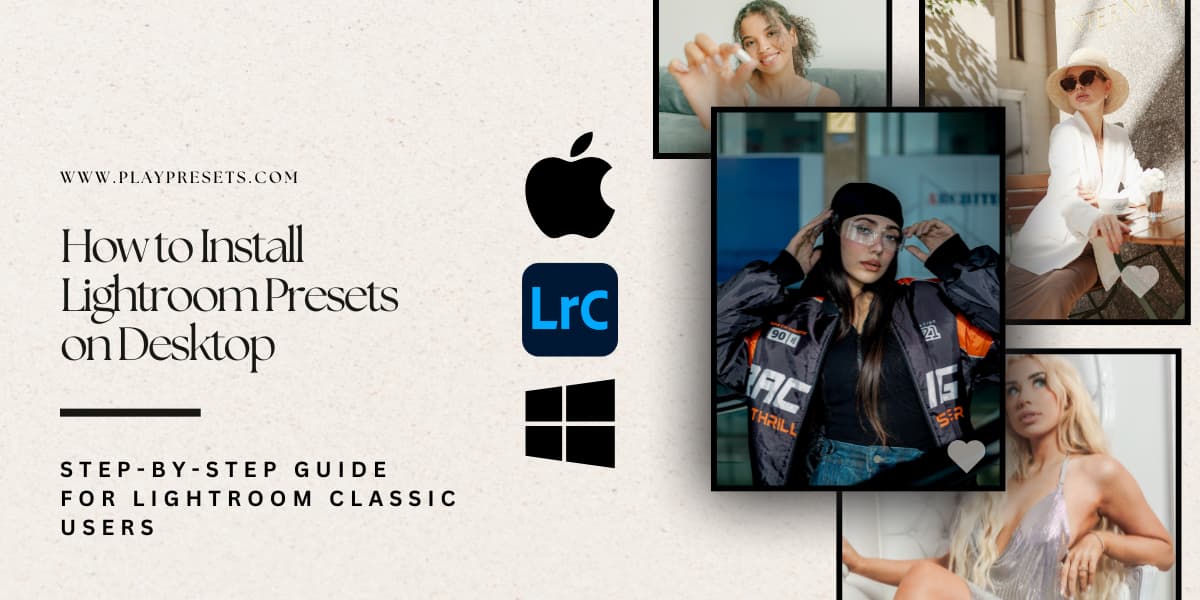 A step-by-step guide showing how to install Lightroom Classic presets on a desktop computer for professional photo editing.