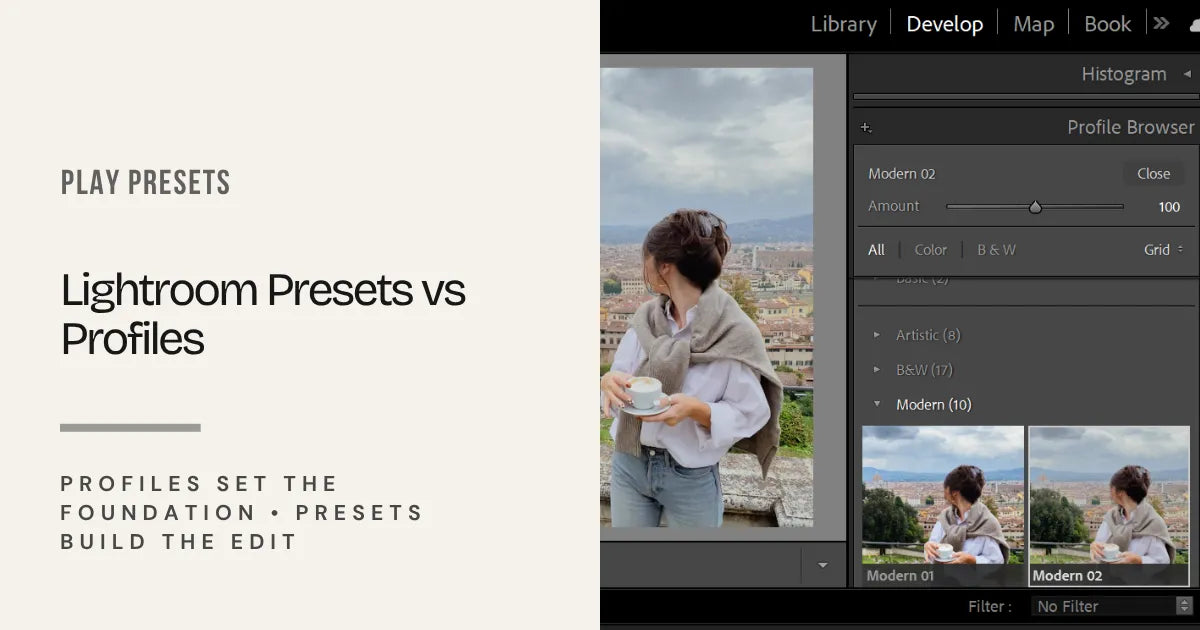 Adobe Lightroom Classic interface showing Lightroom presets and profile settings for a Lightroom presets vs profiles comparison.