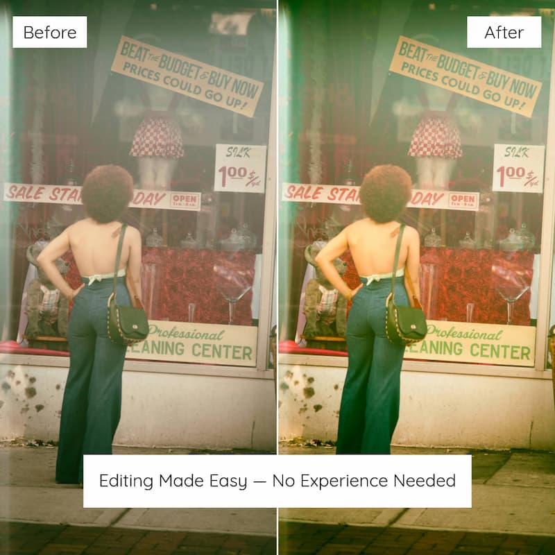 Before and after comparison of a woman in a green dress standing in front of a store window edited with Agfa Vista Look Preset Collection.
