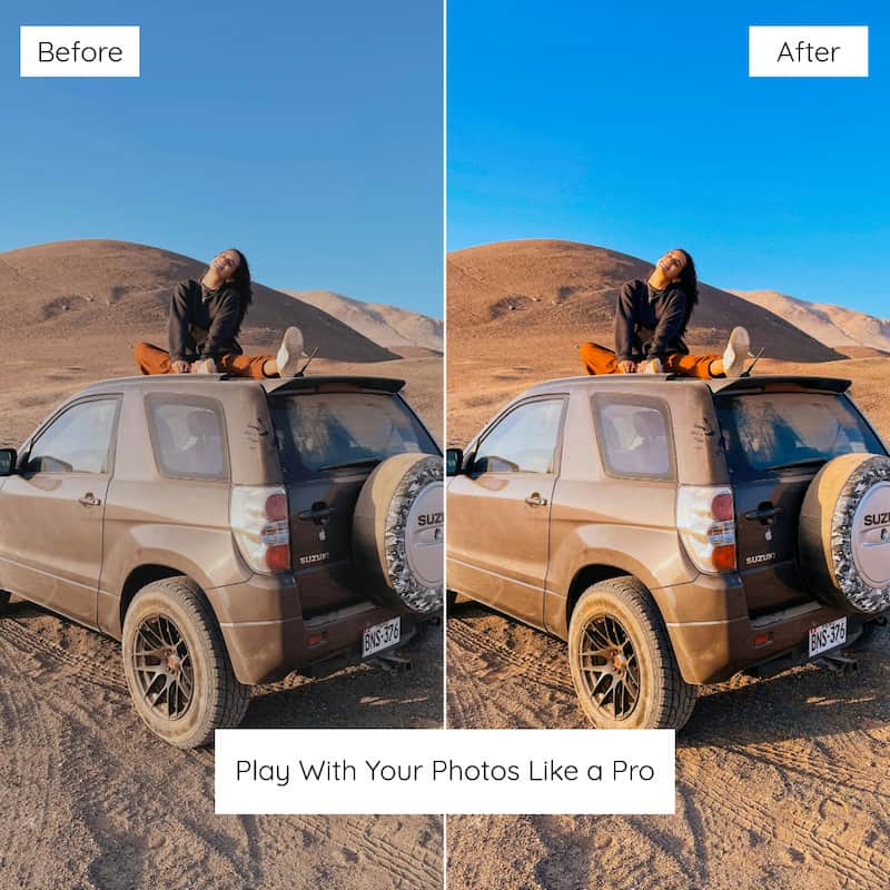 Before and after comparison of a person with a snowboard on a car in a desert landscape edited with Agfa Vista Look Preset Collection.