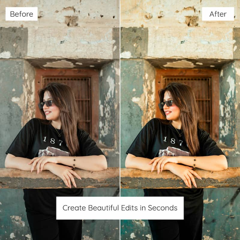 Before and after comparison of a photo editing effect on a person sitting on a ledge edited with Agfa Vista Look Preset Collection.