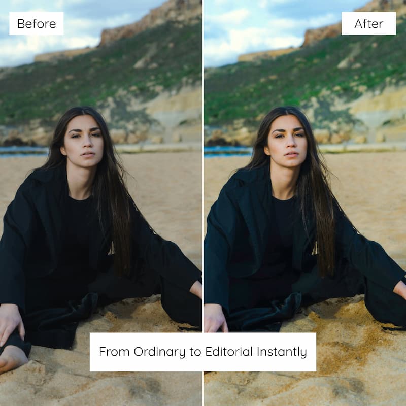 Before and after comparison of a woman sitting on a beach edited with Agfa Vista Look Preset Collection.