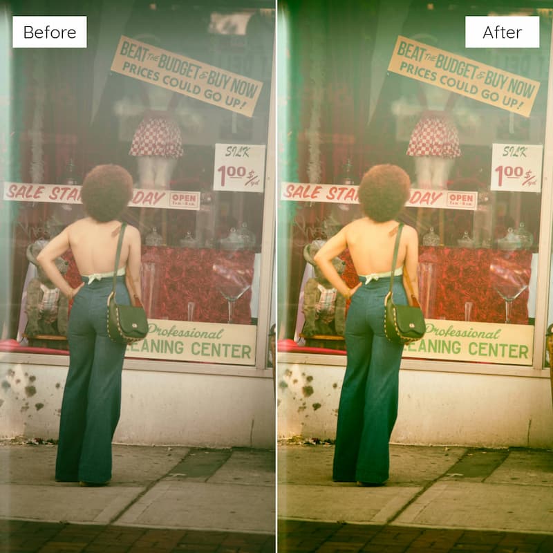Before and after comparison of a woman in a green dress standing in front of a store window edited with Agfa Vista Look Video LUTs.