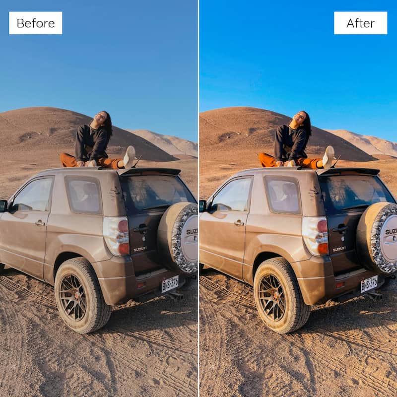 Before and after comparison of a person sitting on a car with snowboards in a desert landscape edited with Agfa Vista Look Video LUTs.