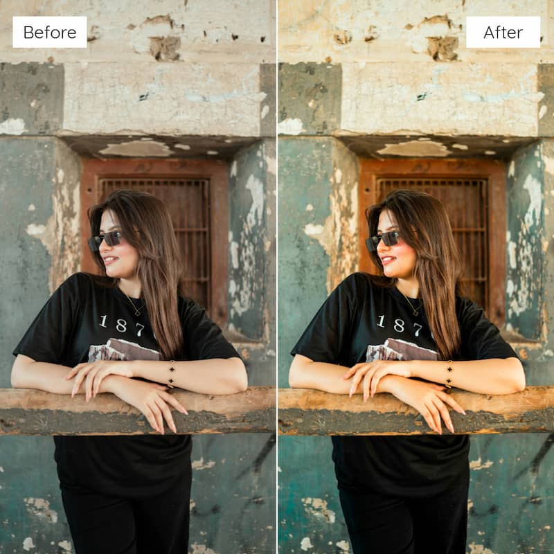 Before and after comparison of a person leaning on a wooden surface edited with Agfa Vista Look Video LUTs.