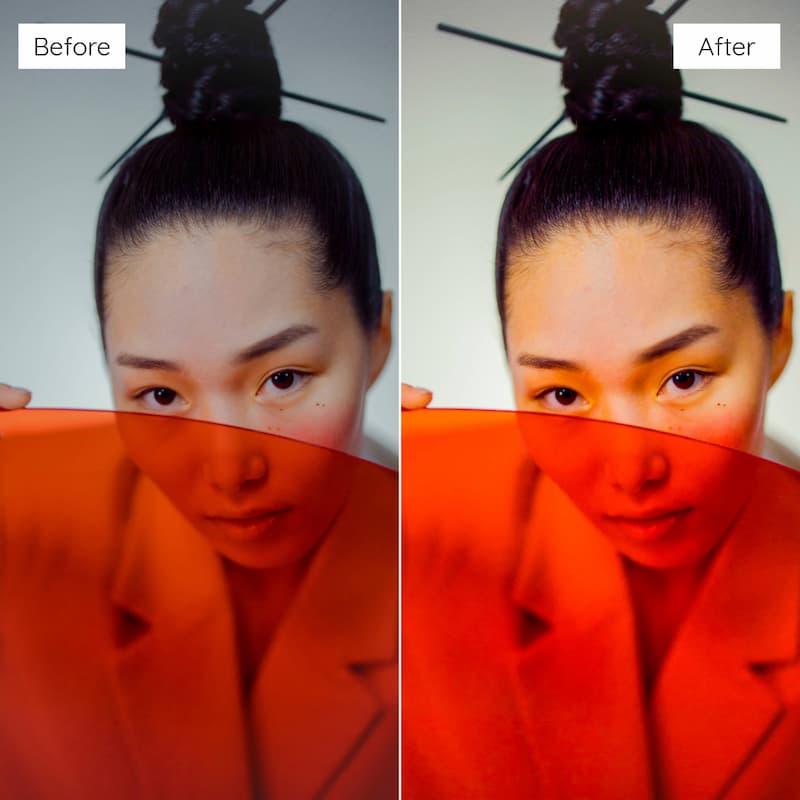 Before and after comparison of a person wearing a red garment edited with Agfa Vista Look Video LUTs.