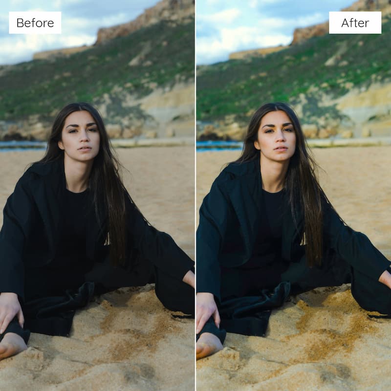 Before and after comparison of a woman sitting on a beach edited with Agfa Vista Look Video LUTs.