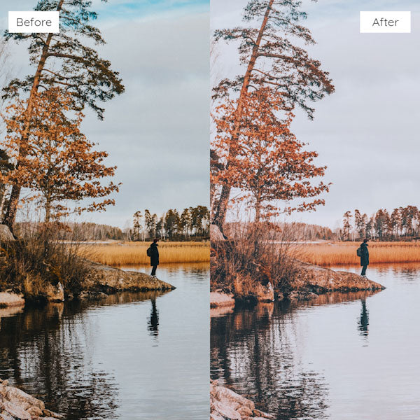 Before and after using Lightroom Presets for creating a moody, cinematic look.