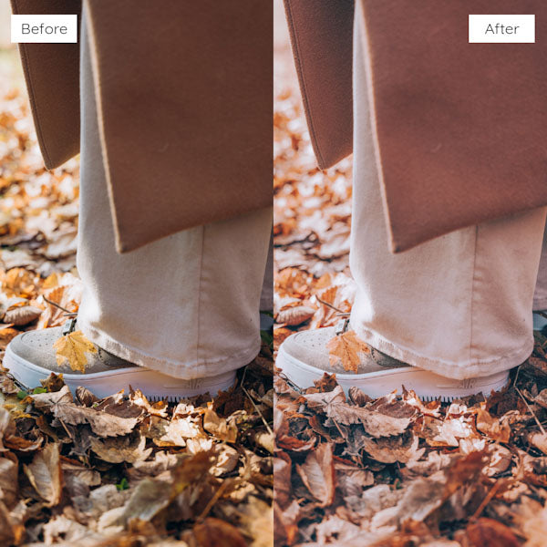 Before and after using Lightroom Presets for enhancing natural light and shadows in photos.